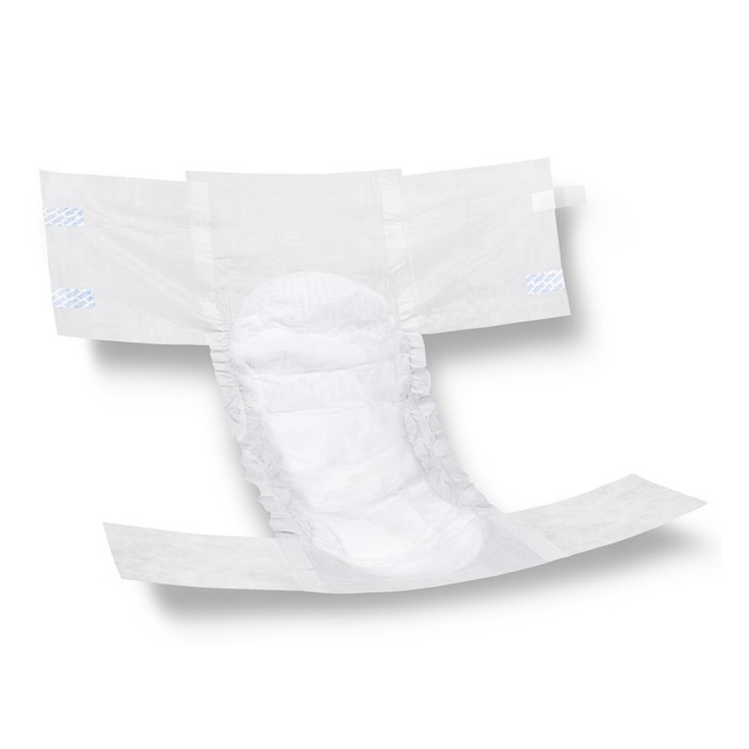 FitRight Unisex Essential Incontinence Briefs offer moderate absorbency with a comfortable white pad, adjustable adhesive tabs on the sides, and odor control. The plain white background showcases these disposable briefs designed for effective incontinence care.